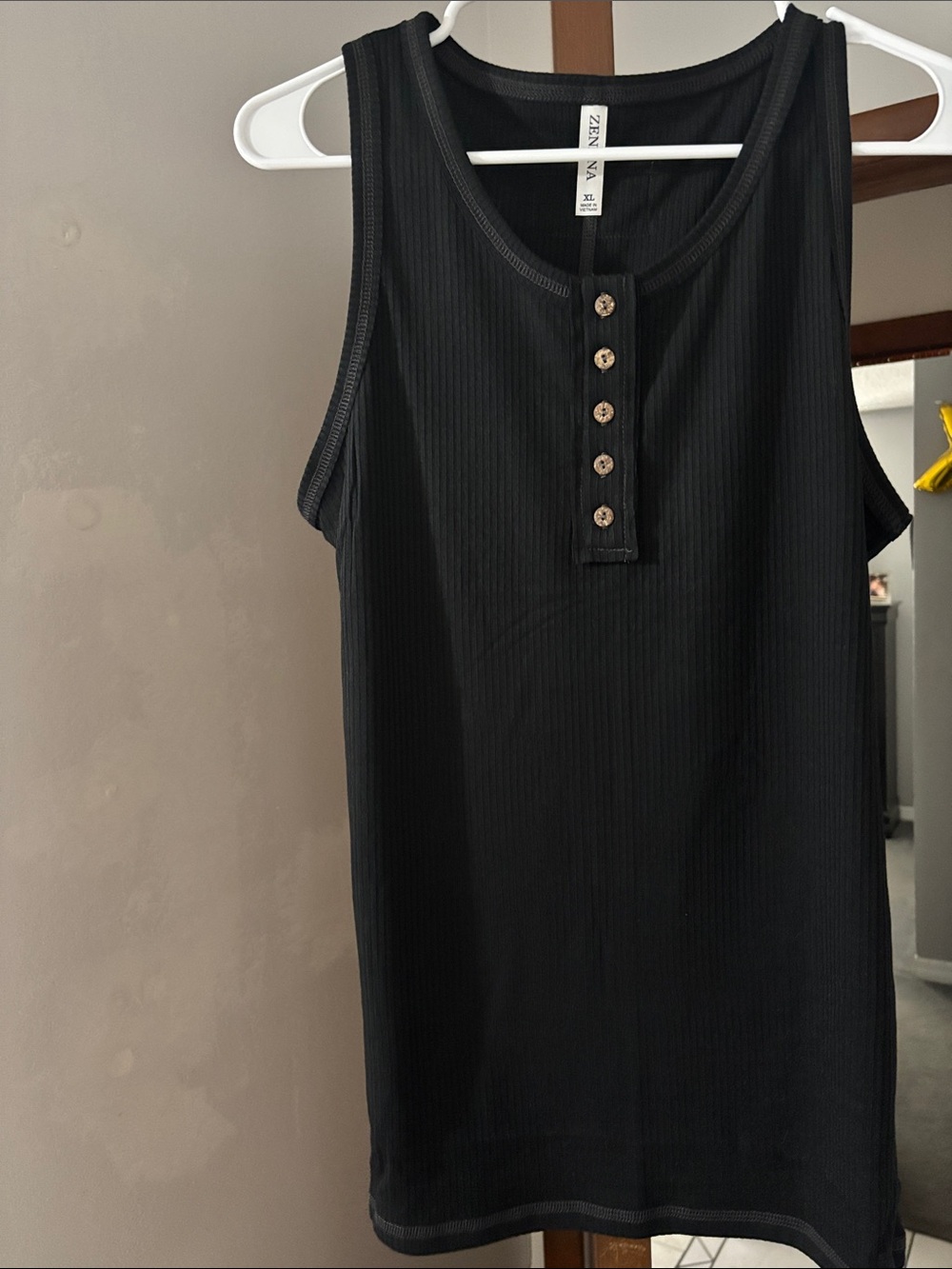 Zenana Outfitters Black Ribbed Henley Tank with Button Placket